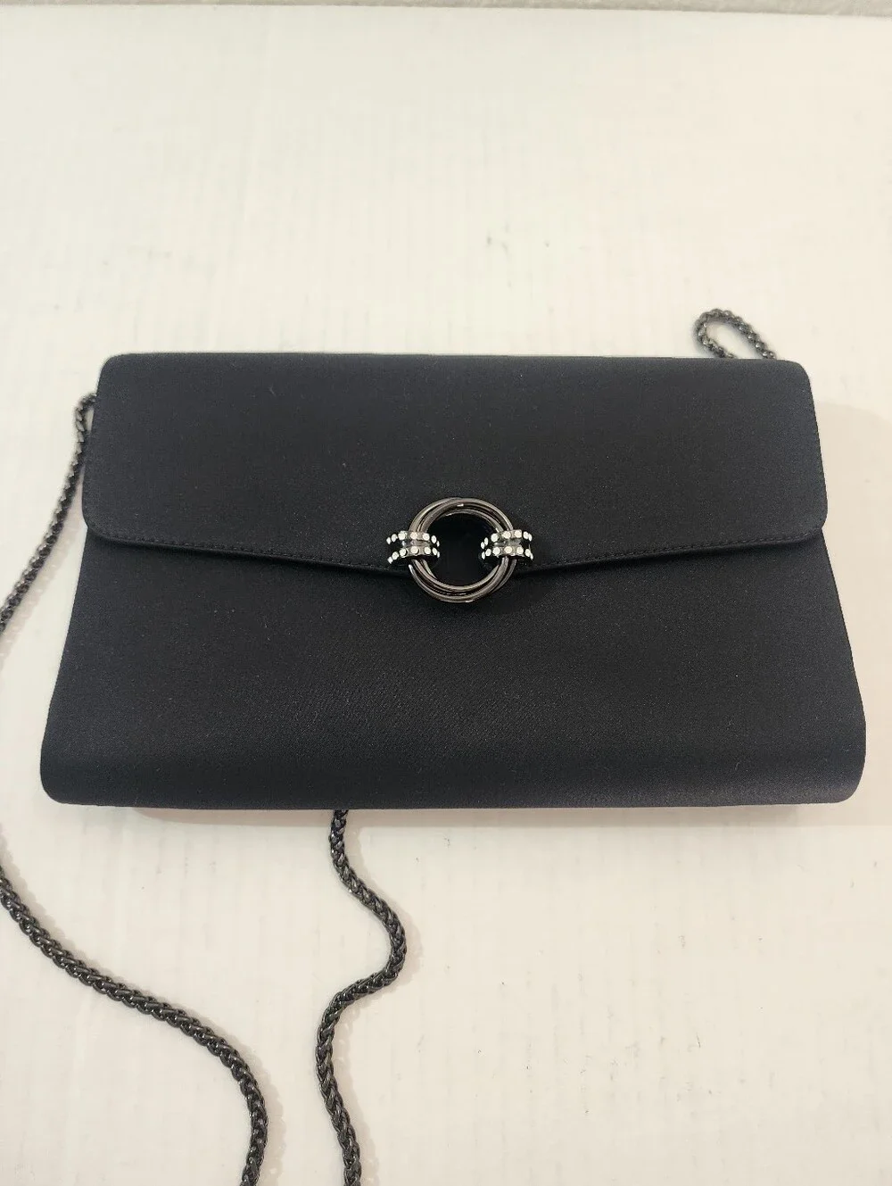 Vintage RODO Black Satin Evening Clutch Crystal Ring Chain Silver Bag Italy